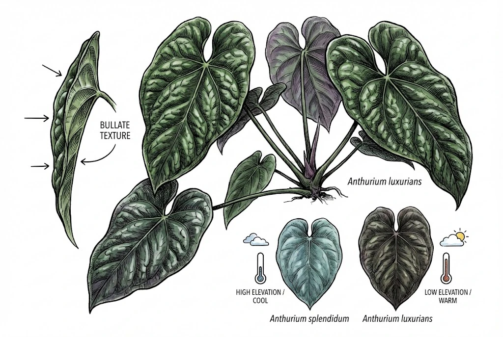 Anthurium luxurians with bullate leaves, a cross-section, and comparison with A. splendidum for elevation and temperature.