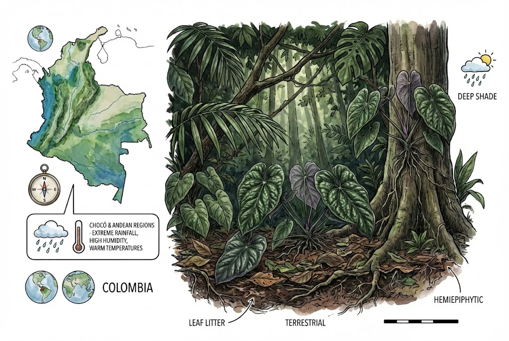 Anthurium luxurians in its natural Colombian rainforest habitat, showing terrestrial and hemiepiphytic growth.