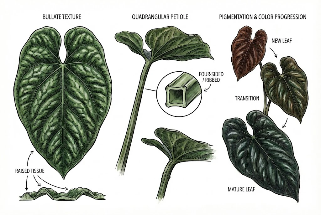 Morphological details of Anthurium luxurians: bullate leaf texture, quadrangular petiole, and leaf color progression.