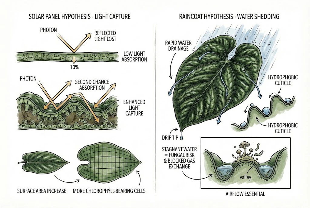 Physiological functions of the Anthurium luxurians bullate leaf texture: light capture and water shedding.
