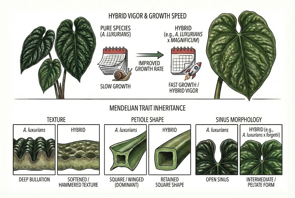 Hybrid vigor, growth speed, and Mendelian inheritance in Anthurium luxurians hybrids.