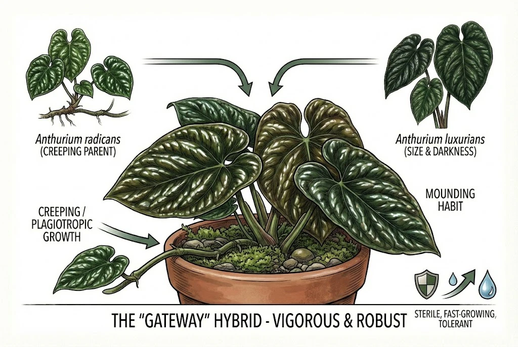 Anthurium radicans x luxurians hybrid showing its creeping habit, parents, and characteristics.