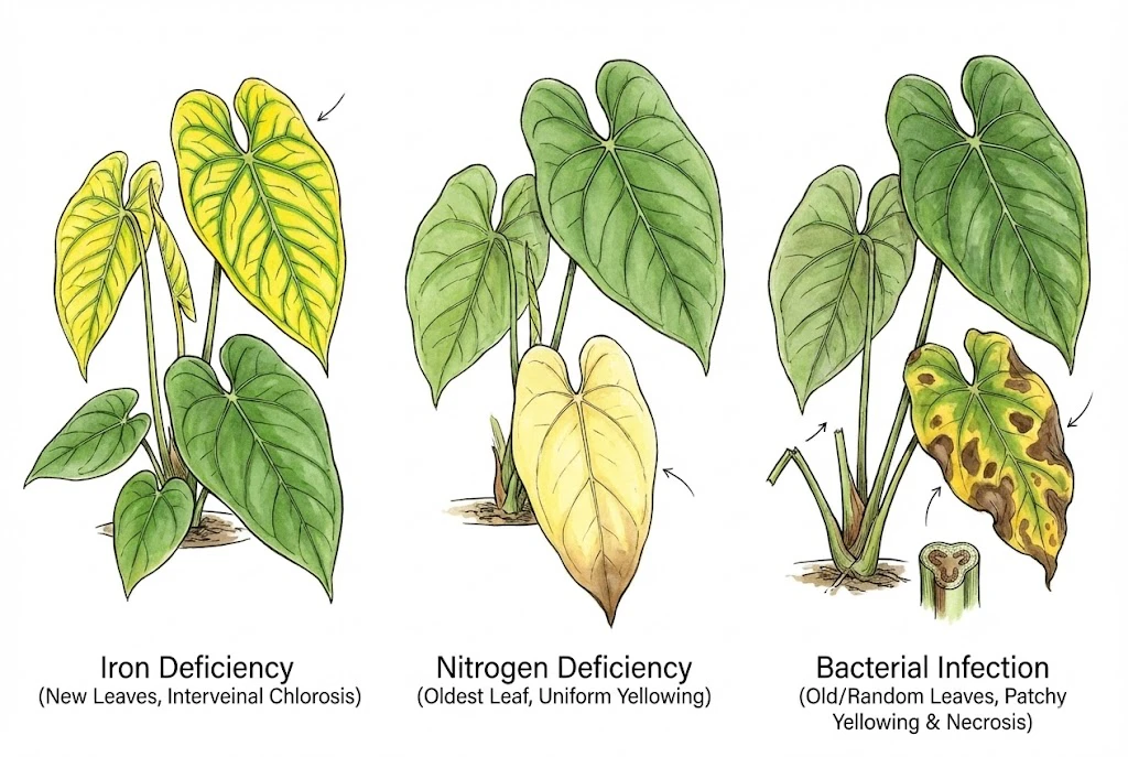Aroid Leaf Disease: Nutrient Deficiency: Iron deficiency causing yellowing on new leaves versus bacterial yellowing on old leaves.