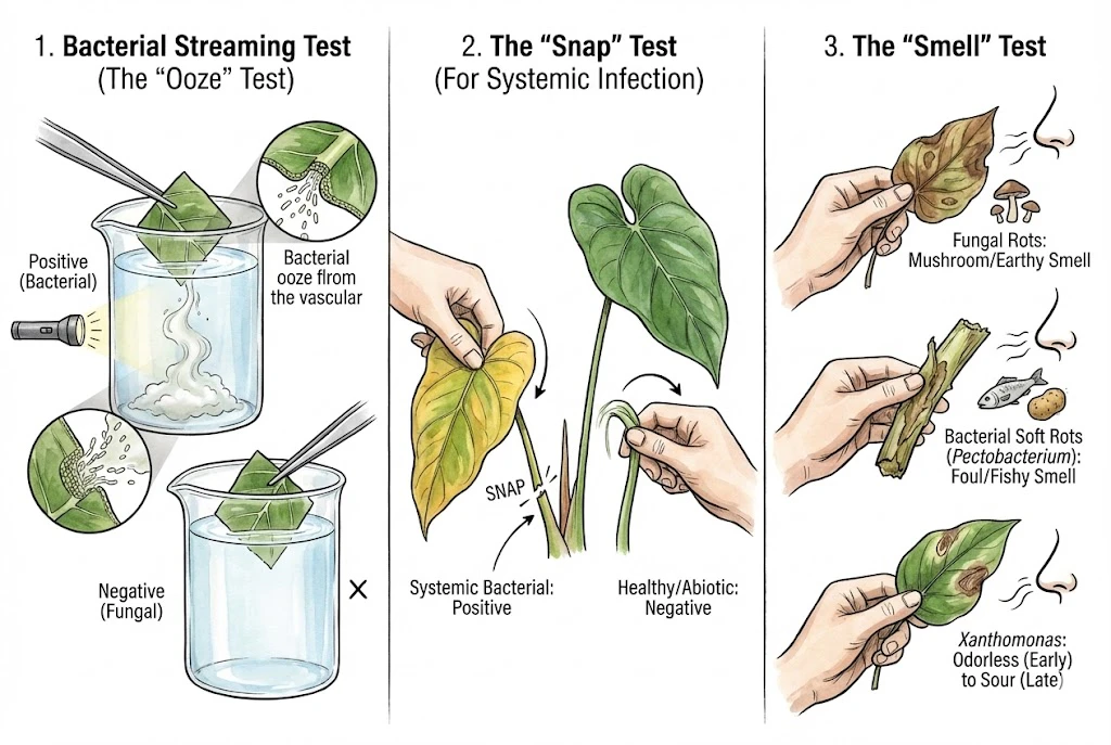 Aroid Leaf Disease: Home Diagnostics: Visual guide to the bacterial streaming "ooze" test in water and the petiole snap test.