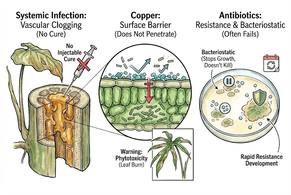 Aroid Leaf Disease: Chemical Limits: Illustration showing copper sprays as a surface barrier that fails to reach internal bacteria.