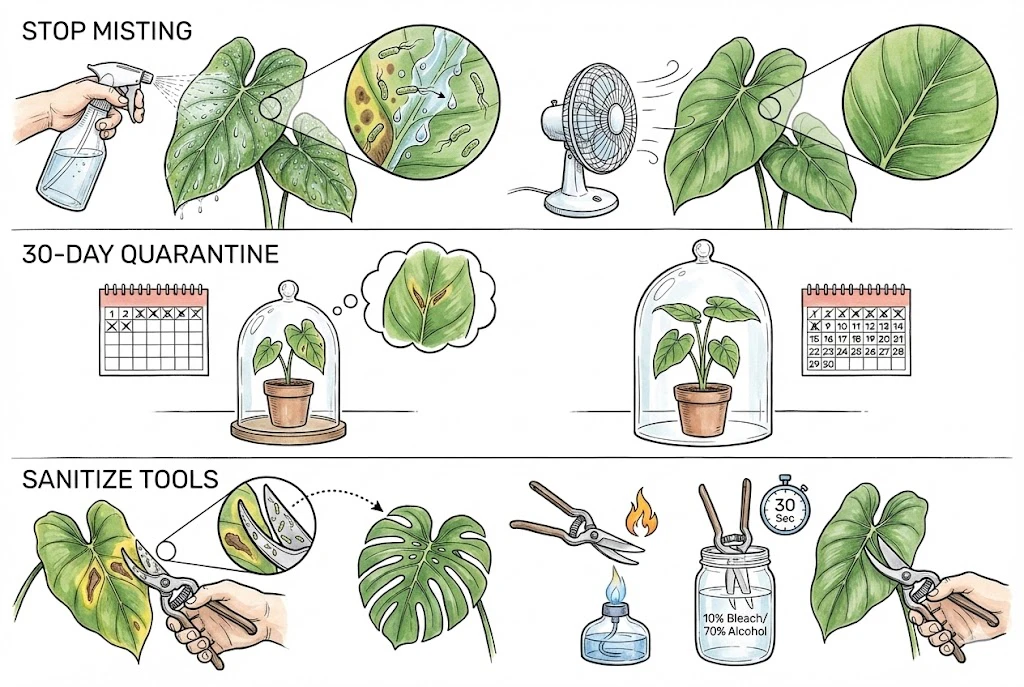 Aroid Leaf Disease: Cultural Controls: Prevention methods including keeping foliage dry, 30-day quarantine, and sterilizing tools.