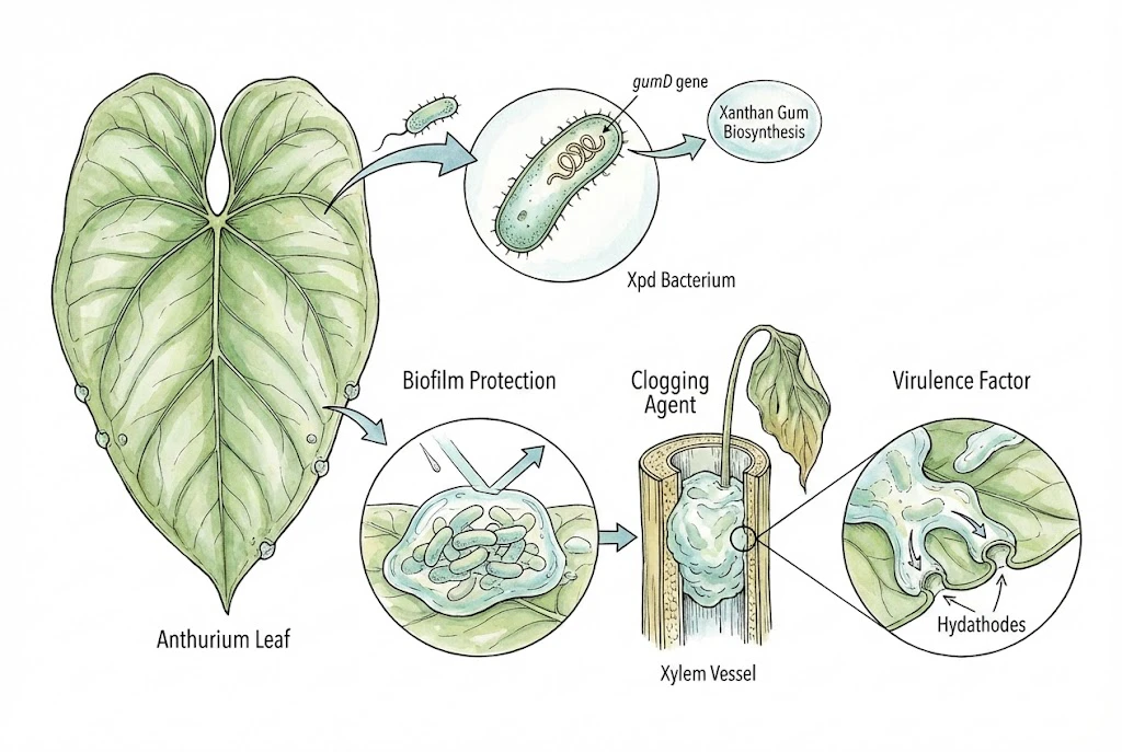 Aroid Leaf Disease: Genomic Blueprint: Xanthomonas bacteria producing xanthan gum to clog the plant's xylem vessels and biofilm.