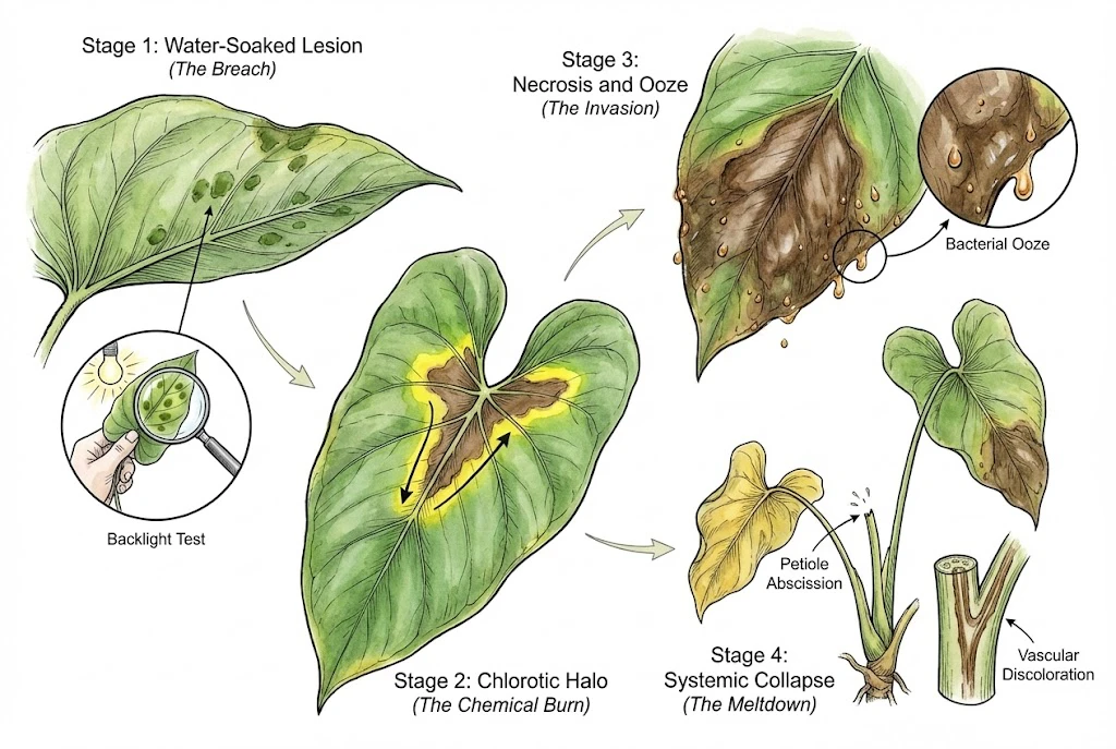 Aroid Leaf Disease: Disease Progression: Visual stages of infection from water-soaked lesions and yellow halos to systemic collapse.