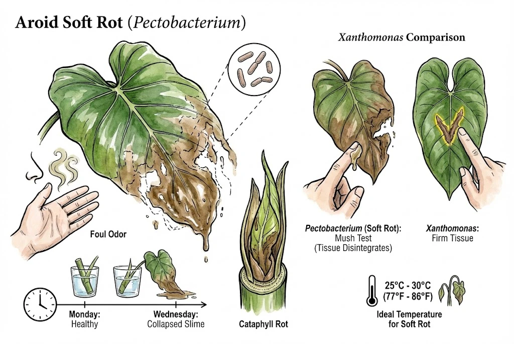 Aroid Leaf Disease: Soft Rot: Pectobacterium causing rapid, mushy decay and slime on stems and unfurling leaves.