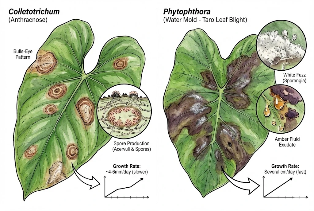 Aroid Leaf Disease: Fungal Mimics: Visual differences between fungal concentric rings, Phytophthora fuzz, and bacterial spots.