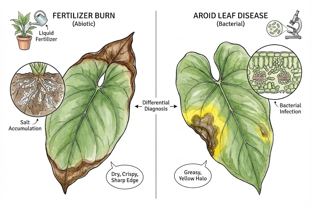 Aroid Leaf Disease: Fertilizer Burn: Dry, crispy leaf tips caused by salt buildup, distinguished by the lack of yellow halos.
