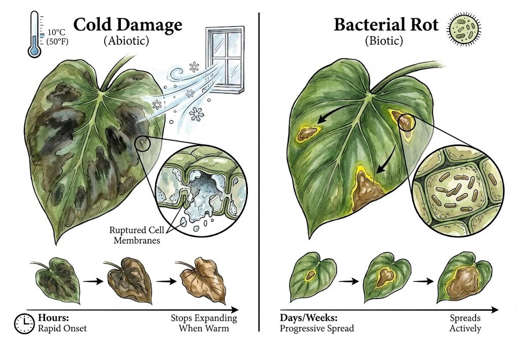 Aroid Leaf Disease: Cold Shock: Dark, water-soaked necrotic patches on leaves caused by exposure to cold temperatures.