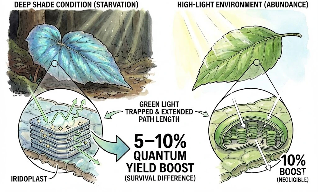 comparing the quantum yield of a Begonia leaf in shade versus high light, showing a boost in efficiency in the shade.