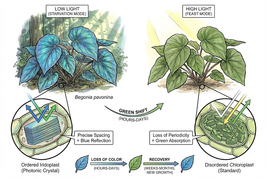 showing the "Green Shift" in Begonia, from blue iridoplasts in low light to green chloroplasts in high light.