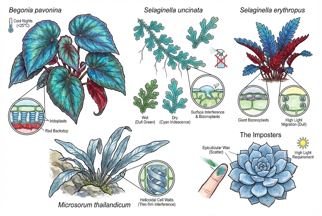 summarizing iridescence mechanisms in Begonia, Selaginella, and Microsorum, and showing a waxy "imposter" plant.