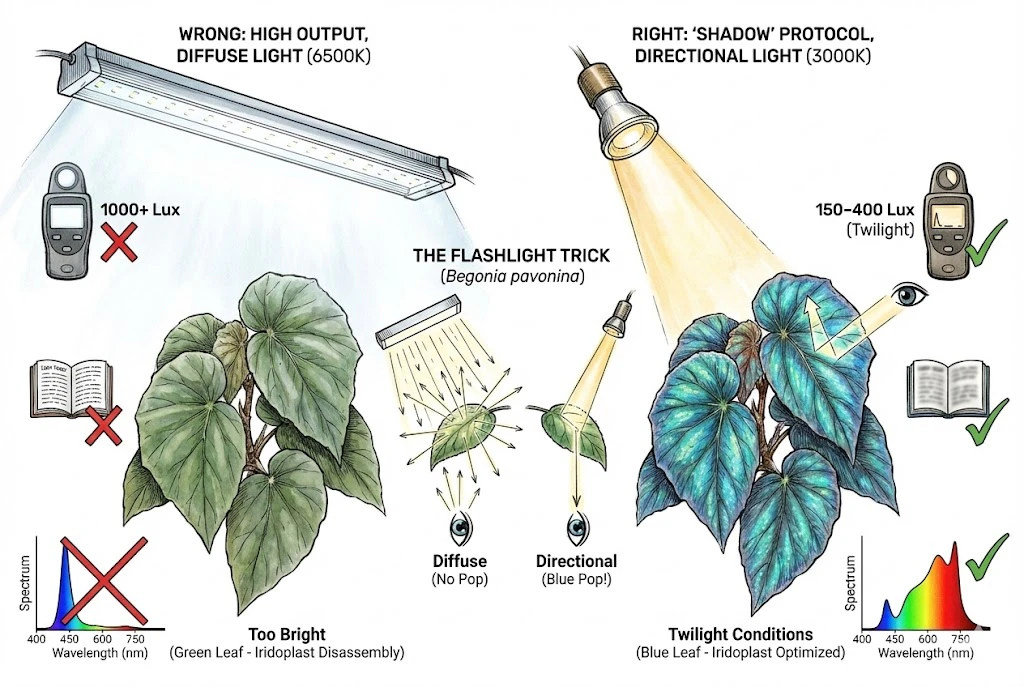 Begonia pavonina care, comparing incorrect bright, diffuse light with correct dim, directional light for blue color.