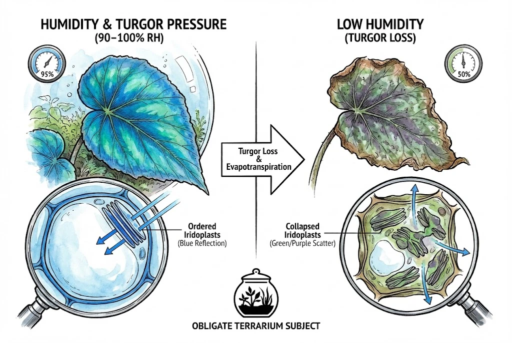 the effect of humidity on Begonia pavonina, contrasting a blue, turgid leaf in high humidity with a green, wilted one in low humidity.