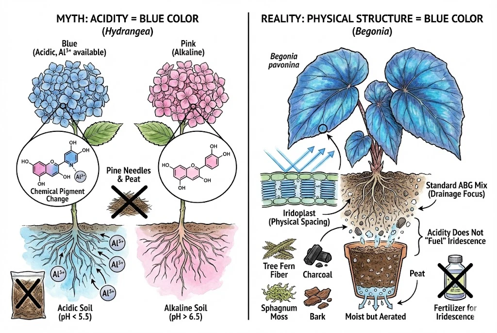 explaining the myth of acidity for blue color, comparing Hydrangea's chemical color change with Begonia's structural blue.