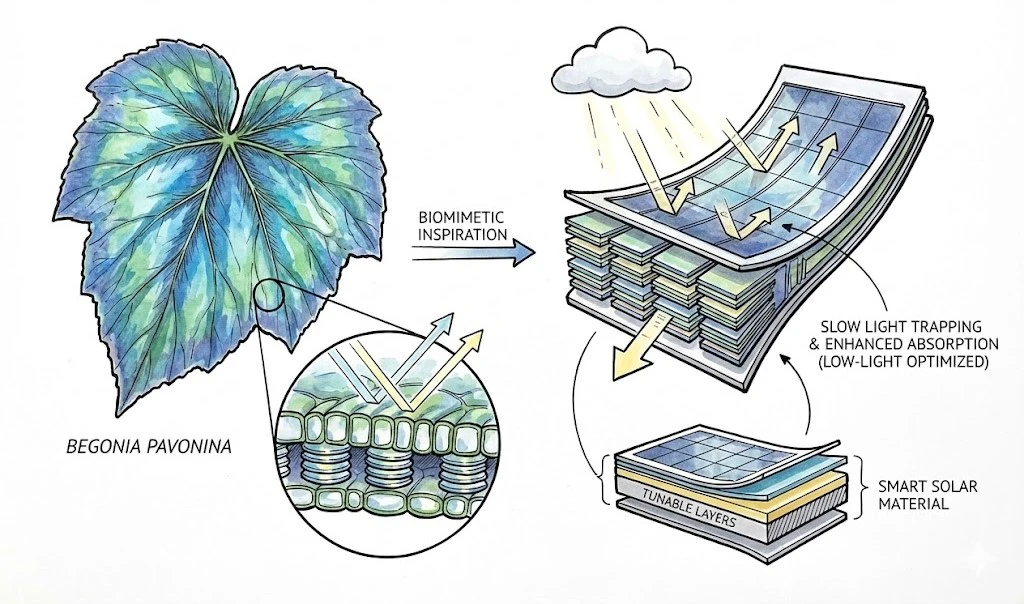 how Begonia's iridoplast structure is inspiring biomimetic solar cells for low-light conditions.