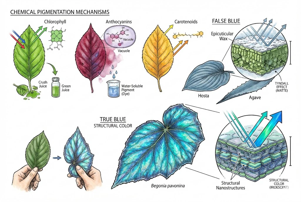 plant color, showing chlorophyll, anthocyanins, carotenoids, the Tyndall effect in Hosta, and structural color in Begonia.