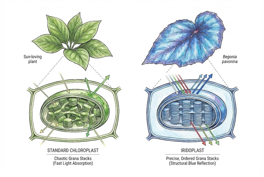 comparing a sun plant's chaotic chloroplasts with a Begonia's ordered iridoplasts that reflect blue light.