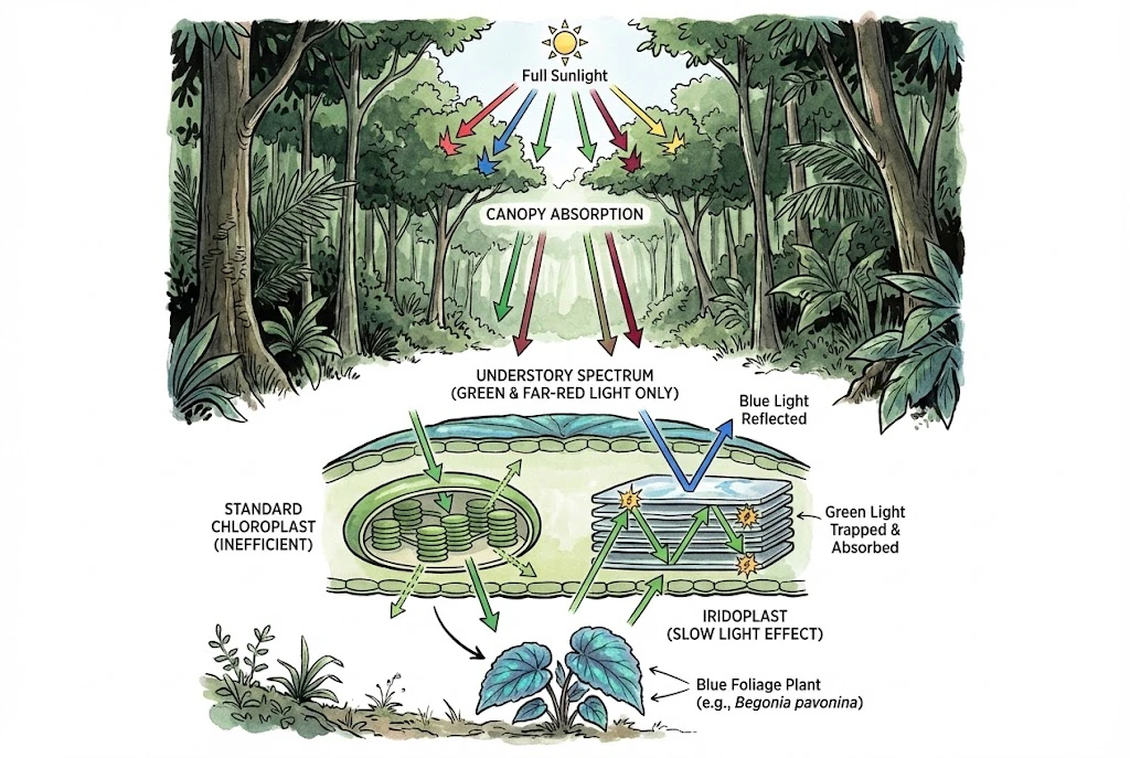 the Slow Light phenomenon, showing how a shade plant's iridoplasts trap and reflect limited green and far-red light.