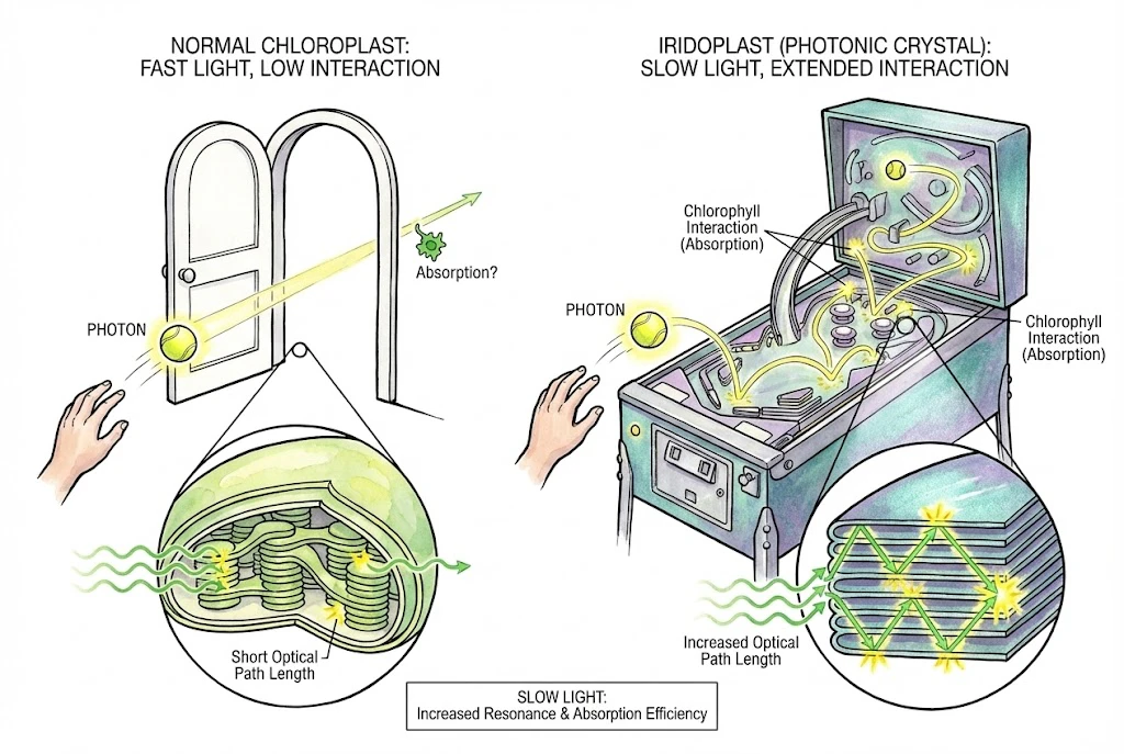a pinball machine metaphor to explain how an iridoplast increases a photon's path length, enhancing absorption.
