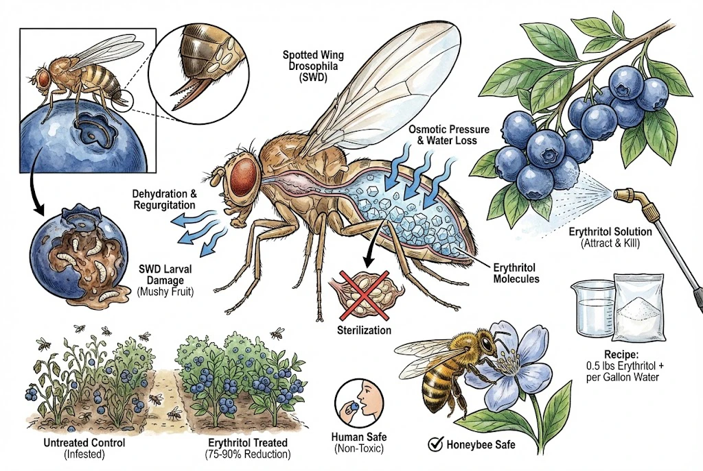 Blueberry Farming Guide:explains how erythritol acts as a non-toxic insecticide against the Spotted Wing Drosophila by causing osmotic pressure and sterilization.