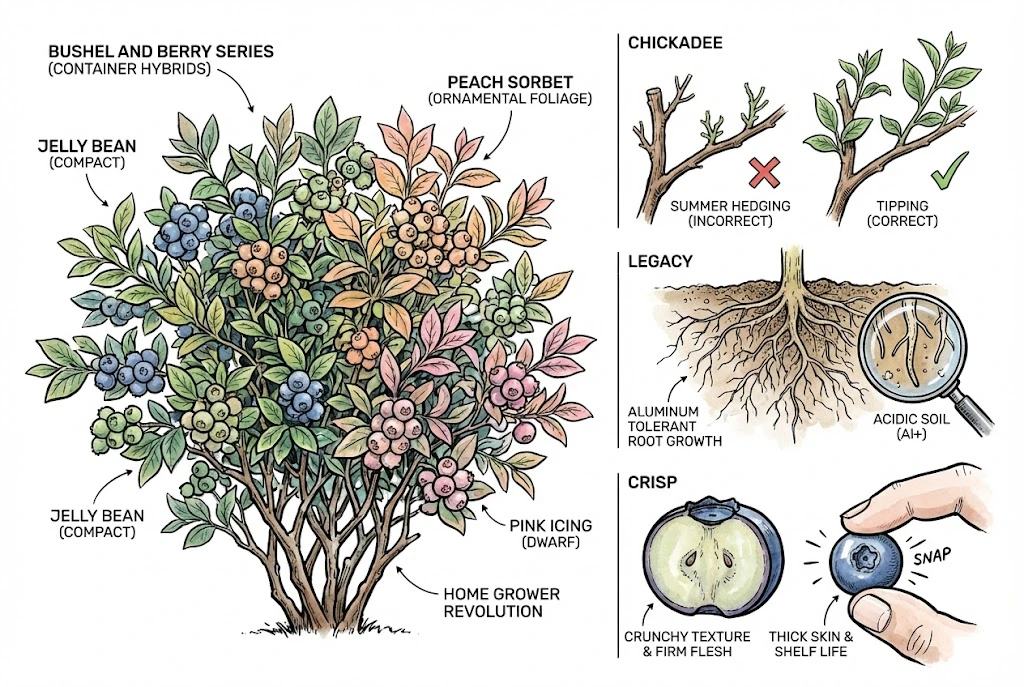 Blueberry Farming Guide:showcases the ornamental 'Bushel and Berry' series and specific details for 'Chickadee', 'Legacy', and 'Crisp' blueberry cultivars.