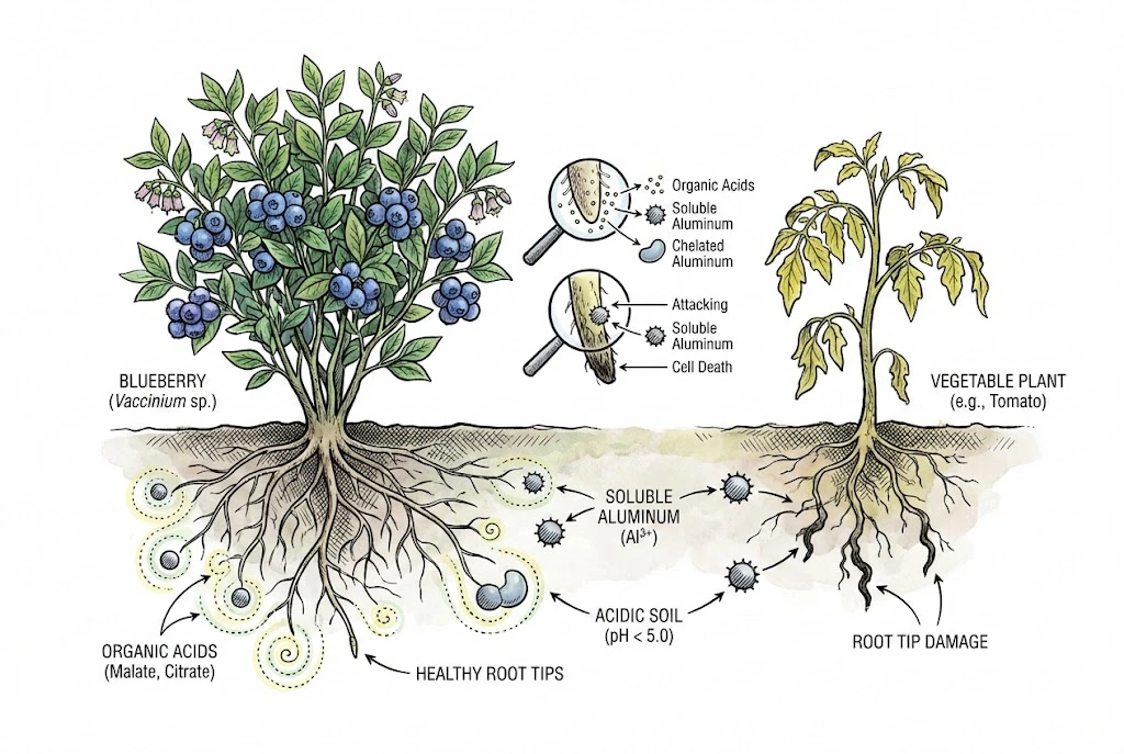 Blueberry Farming Guide:healthy blueberry plant's roots chelating aluminum in acidic soil, contrasted with a vegetable plant's roots being damaged by aluminum.