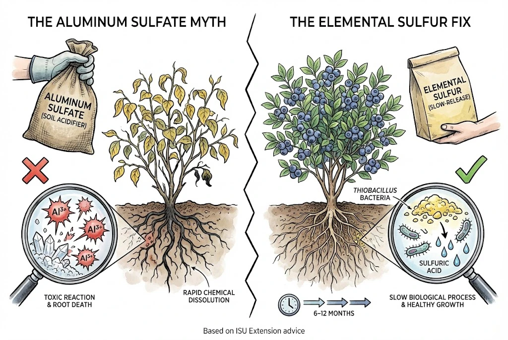 Blueberry Farming Guide:A two-panel illustration contrasts the toxic effect of aluminum sulfate on a blueberry plant with the safe, slow acidification process of elemental sulfur.