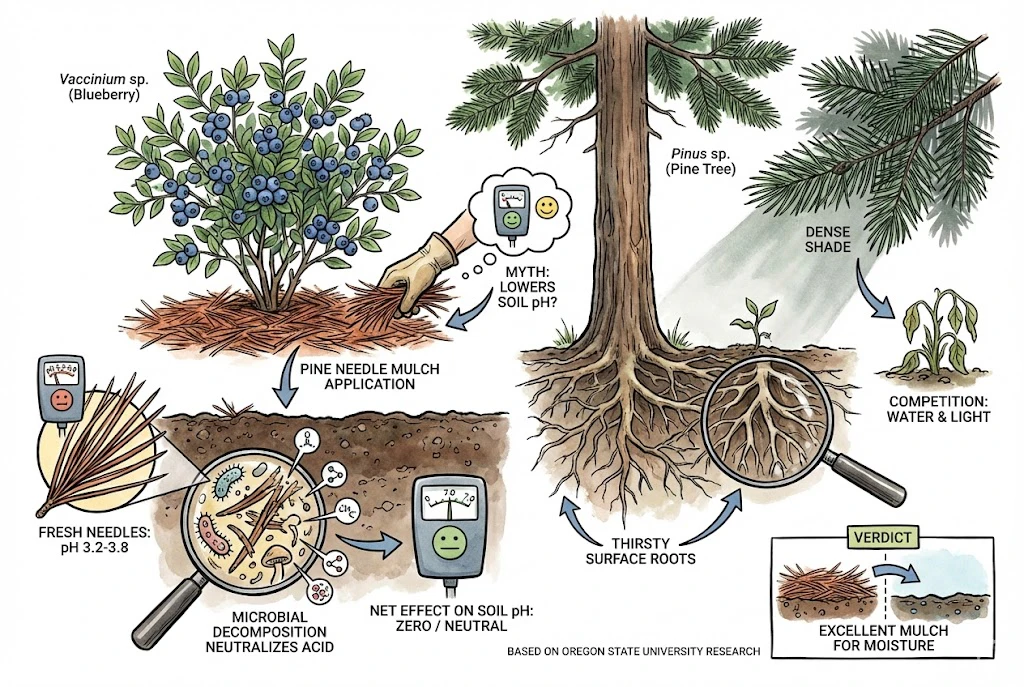Blueberry Farming Guide:pine needles do not lower soil pH due to microbial neutralization and fail to support other plants because of dense shade and thirsty roots.