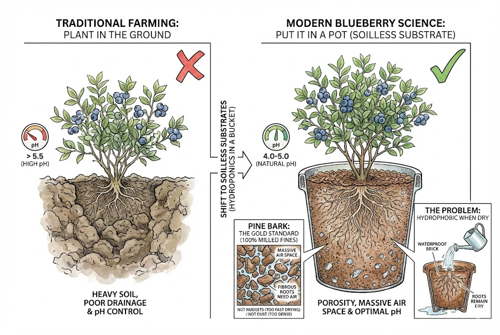 Blueberry Farming Guide:contrasts traditional blueberry farming in heavy soil with modern hydroponic growing in a pot using a pine bark substrate.