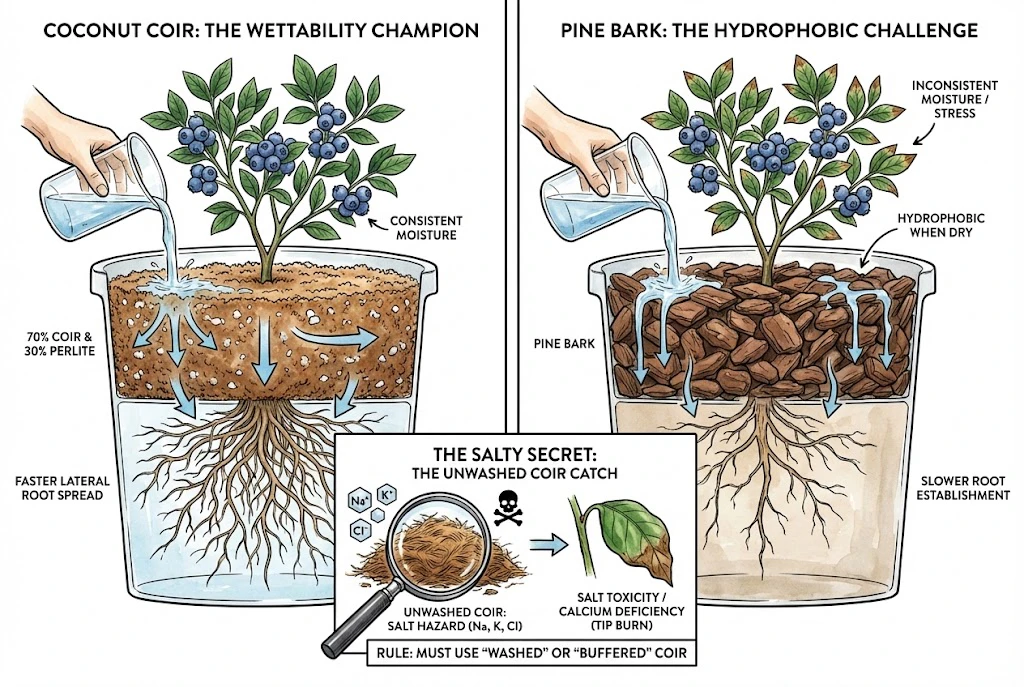 Blueberry Farming Guide:compares the rewetting of coconut coir with the hydrophobic nature of dry pine bark, including a warning about unwashed coir.