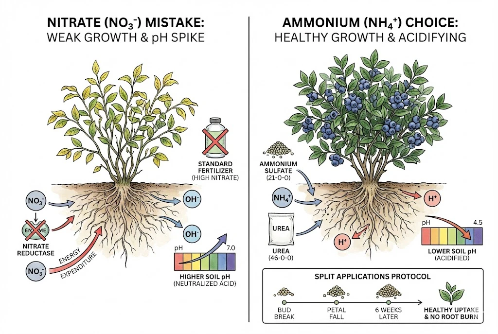 Blueberry Farming Guide:contrasts the negative effects of nitrate fertilizer on a blueberry plant with the positive, acidifying effects of ammonium fertilizer.