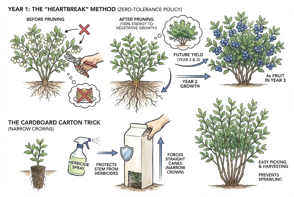 Blueberry Farming Guide:shows the "Heartbreak" method of pruning all flower buds from a first-year blueberry bush and the "cardboard carton trick" for a narrow crown.