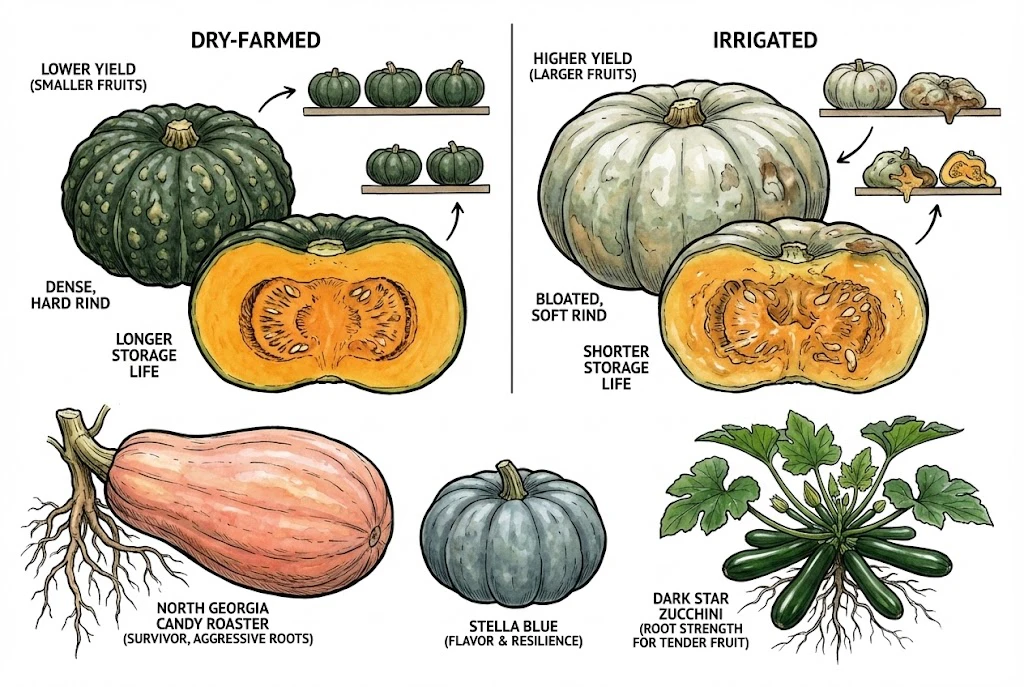 A cross-section comparison of two squashes. The irrigated squash is bloated and "melting" (rotting) in storage, while the dry-farmed 'North Georgia Candy Roaster' is shown as a dense, smaller fruit with a thick, protective rind and superior shelf life.