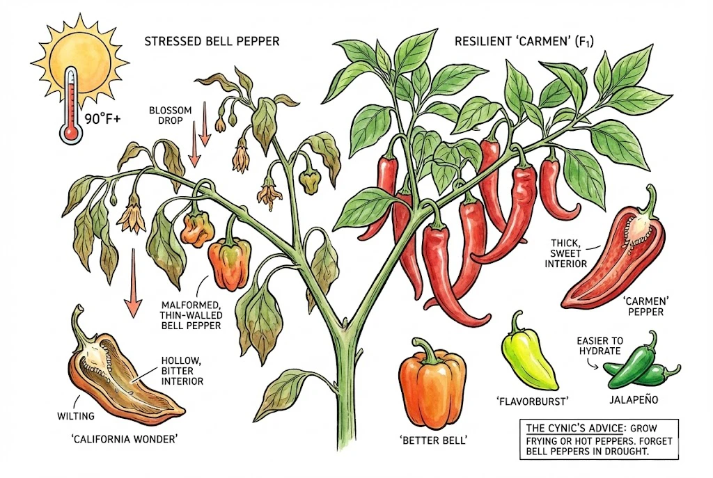 A botanical plate showing the 'Carmen' frying pepper. The illustration depicts the physiological failure of "blossom drop" in standard bells during 90°F heat, while the rugged 'Carmen' continues to set fruit due to its smaller, easier-to-hydrate fruit size.