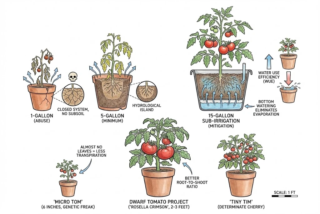 A diagram of container physics. It compares a 5-gallon "abuse" pot to a 15-gallon "survival" pot. Includes a sub-irrigation (self-watering) cross-section and a study of the 'Micro Tom' genetic dwarf and the Dwarf Tomato Project varieties.