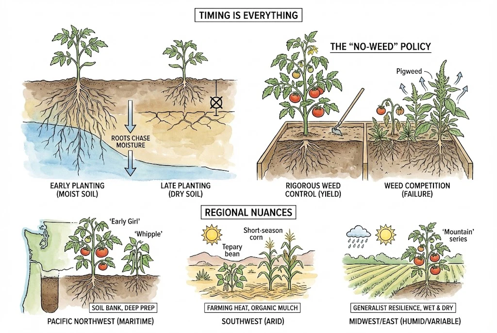 A seasonal timeline illustration. It shows "early planting" into moisture-saturated spring soil so roots can "chase" the water table down. A secondary panel shows a "zero-weed" policy, depicting weeds as water thieves that must be eliminated to preserve the soil bank.