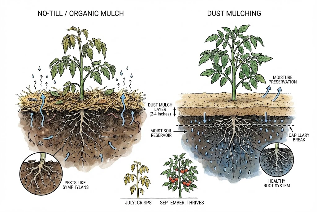 A scientific soil profile comparison: a deep 5-foot silty clay loam acting as a "moisture bank" with a healthy tomato plant, contrasted against a shallow 1-foot sandy soil with a hard plow pan and a withered seedling. Delicate ink lines show water droplets stored in the clay "sponge" versus rapid drainage in the sand.