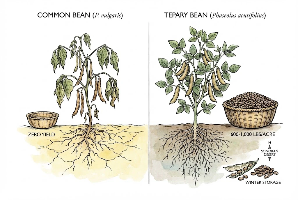 A botanical plate of Phaseolus acutifolius. It shows the plant’s heliotropism (leaves tilting to avoid the sun) and its small, dense, nutrient-rich seeds. The illustration emphasizes its ability to thrive in "incinerating" desert conditions where common beans fail.