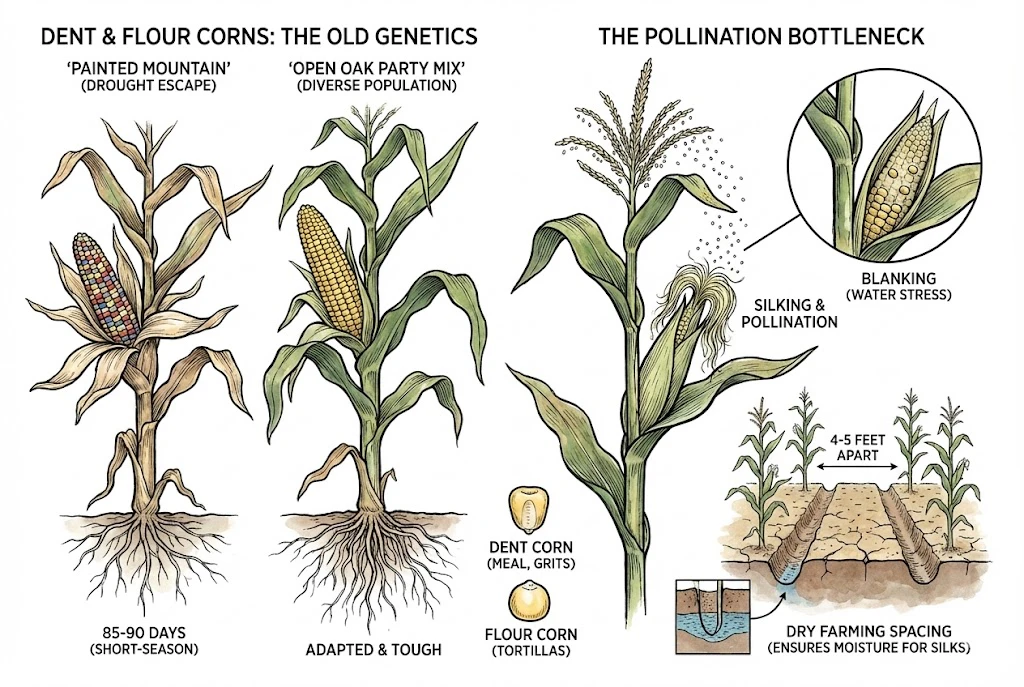 A botanical study of corn pollination under stress. One ear shows "blanking" (missing kernels) due to water-stressed silk delay, while healthy 4-foot spaced hills show successful pollination. The drawing highlights the critical timing of silking and pollen shed.