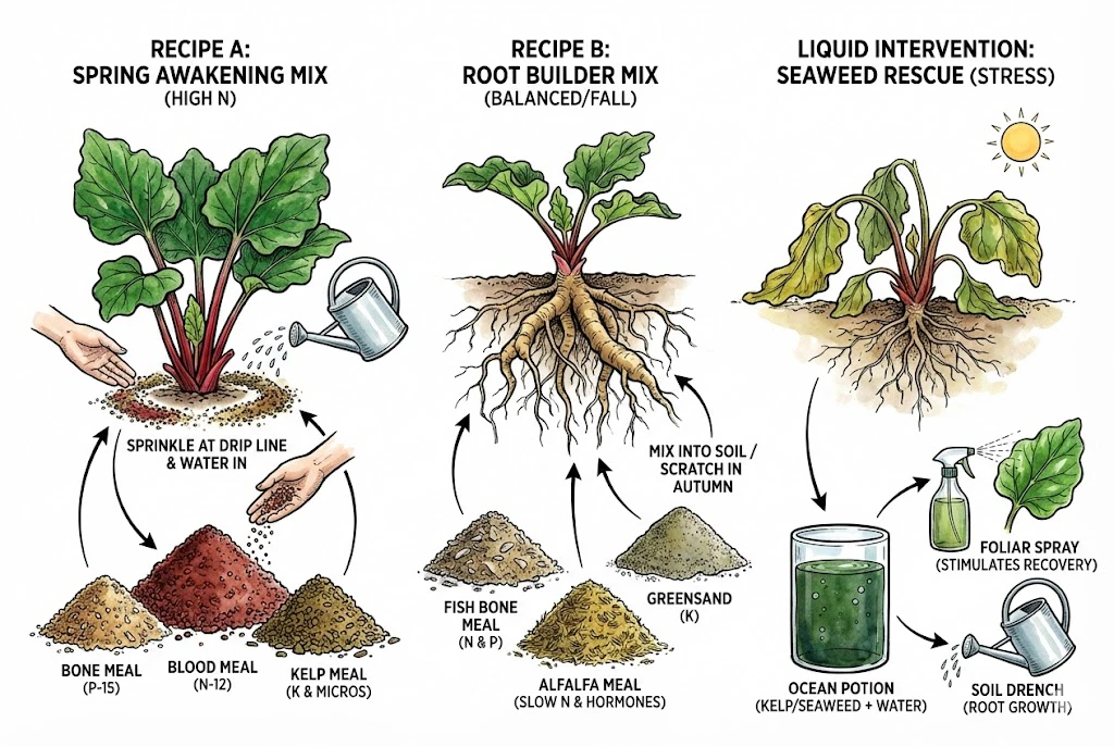 Organic fertilizer recipes and liquid seaweed for stressed rhubarb.