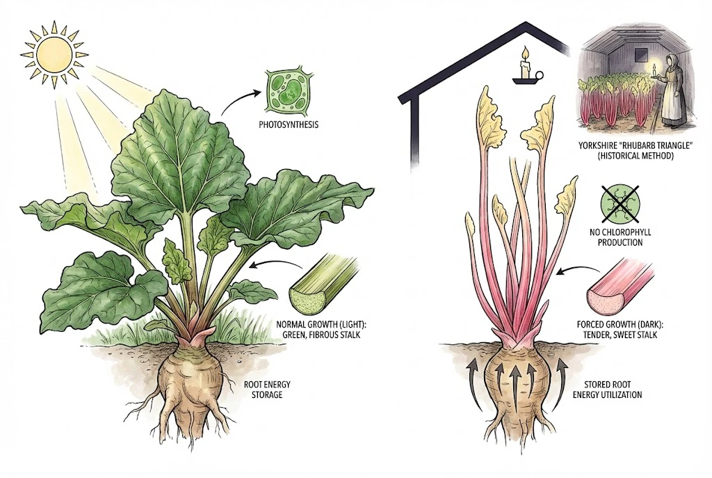 The physiology of forcing rhubarb in the dark versus light.
