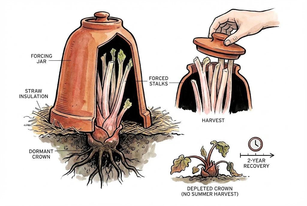 The "Forcing Jar" method for forcing rhubarb outdoors.