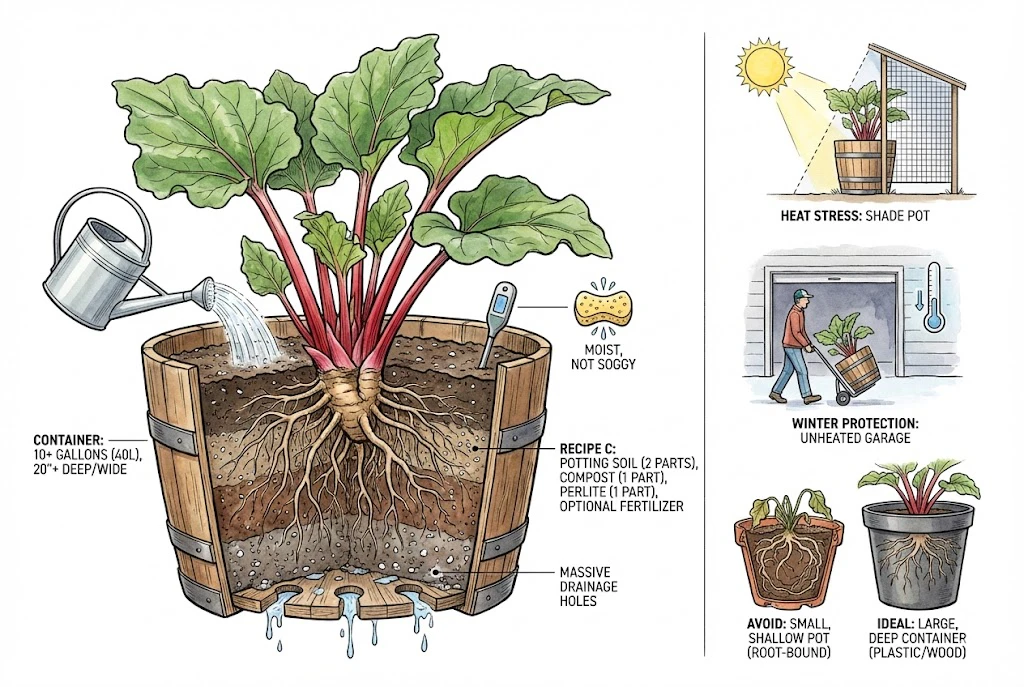 Growing rhubarb in containers: pot size, soil, and care.
