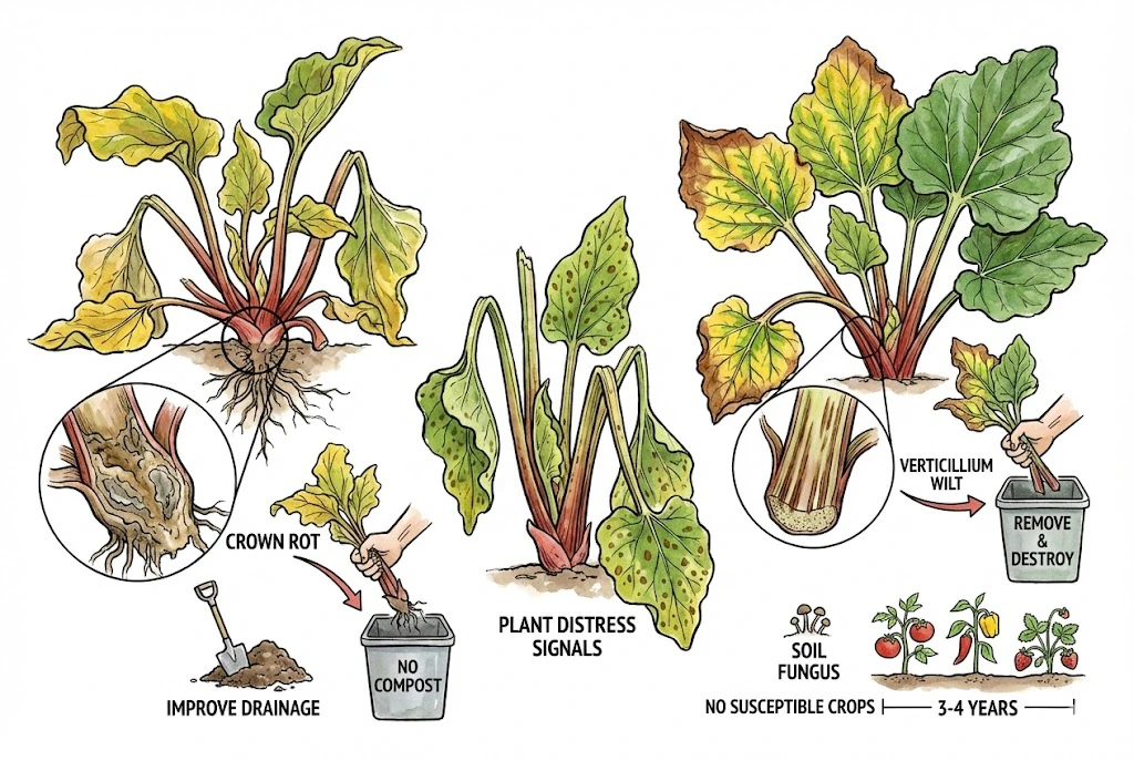 Diagnosing rhubarb's yellowing wilt from rot or fungus.