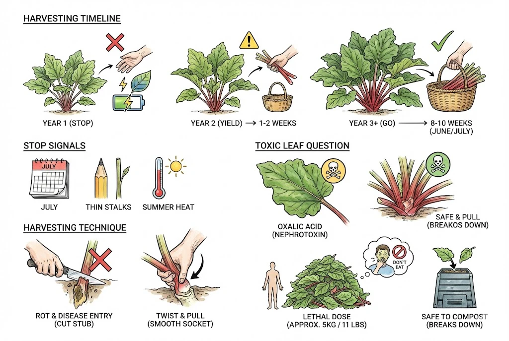 Rhubarb harvesting timeline, technique, and leaf toxicity.
