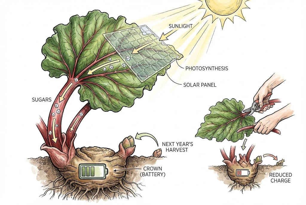 Rhubarb leaves as solar panels charging the root battery.